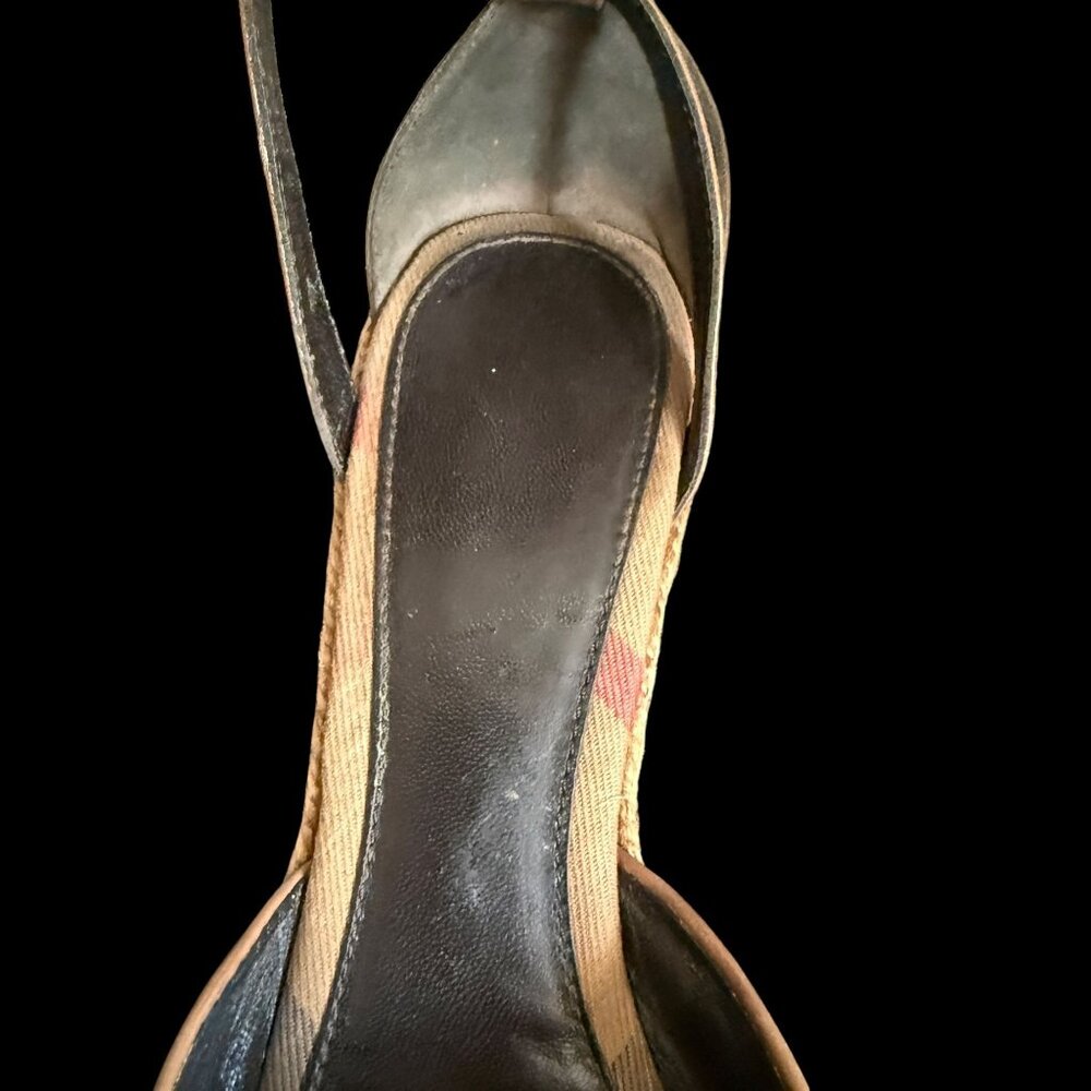 Burberry Brown Leather Novacheck Canvas Buckle Detail Peep Toe Espadrille Wedge - Picture 6 of 16